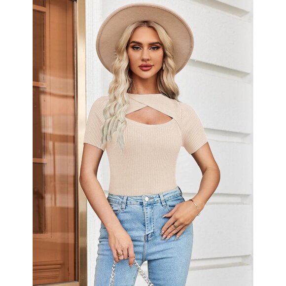 🆕 Women Tan Casual Basic Knit Summer Fashion Trendy Slim Fit Sweater T Shirt - Picture 3 of 6